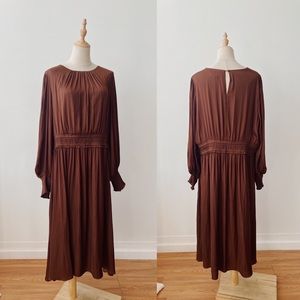 EVERNEW Curve Copper Brown Satin Gathered Neckline Balloon Sleeve Midi Dress 16